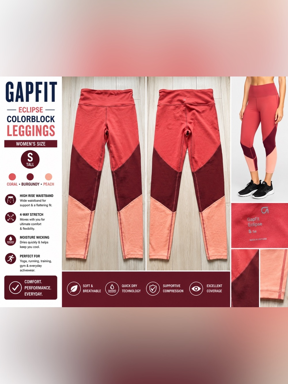 GapFit Eclipse Colorblock Leggings Women’s Small Tall Coral Burgundy Peach